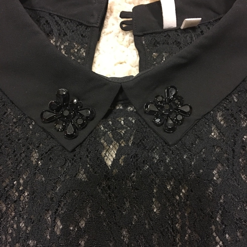 Black lace long sleeved embellished collar shirt